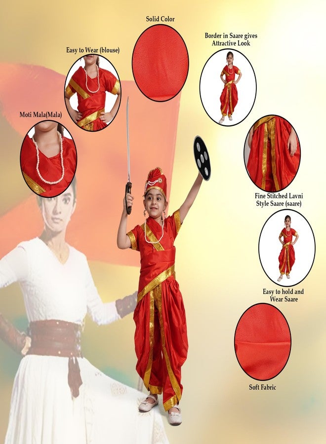 كاكو فانسي دريسيس فستان تنكري من الحرير والبوليستر من كاكو، زي راني البطلة الوطنية، زي راني لاكشمي باي المناضلة من أجل الحرية، مناسب ليوم الاستقلال ويوم الجمهورية - أحمر، مقاس 10-12 سنة، للبنات - Image 2